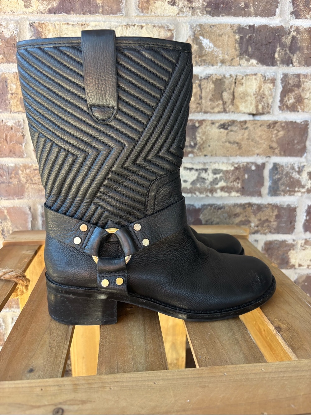 Vince Camuto Black Leather Western Cowboy Boots Gold Studded Buckle Size 6.5